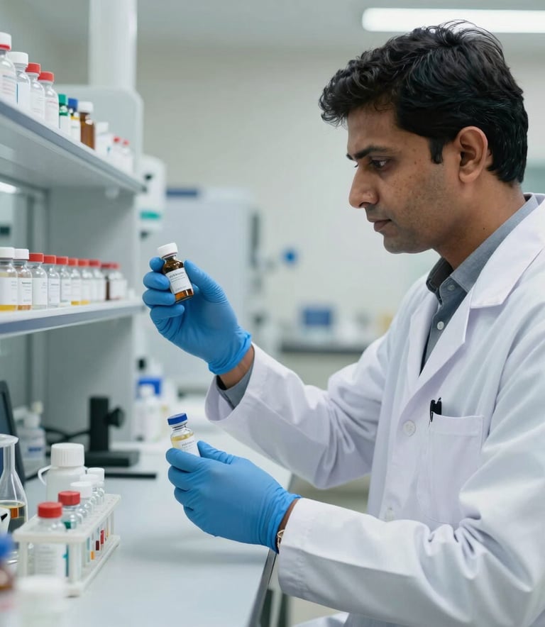 A modern pharmaceutical lab in a South Asian / Indian setting, featuring a medical professional in a lab coat inspecting medicine vials. Bright lighting, clean environment, conveying professionalism and trust. Dominant colors: light blue, off white.