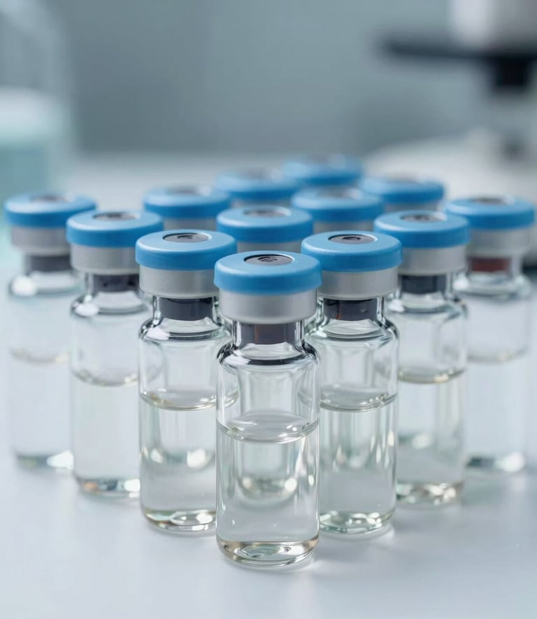 Professional macro photography of glass injection vials with light blue caps arranged in a symmetrical row on a clean white clinical surface.