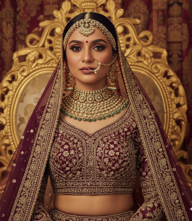 a woman in a maroon and gold bridalle wedding dress
