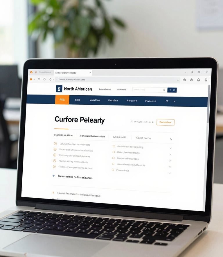 A close-up of a high-end laptop screen displaying a clean, professional web interface in a North American / US corporate office. The background is slightly blurred, showing a sea green plant and office accessories in a soft mint white environment. Professional, sharp lighting.