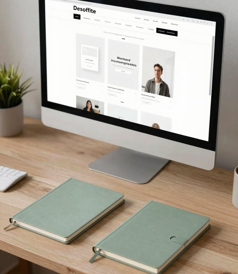 A high-angle shot of a designer's desk in a North American / US creative studio, featuring a large monitor displaying a website wireframe, a soft sage green notebook, and clean, minimalist aesthetics.