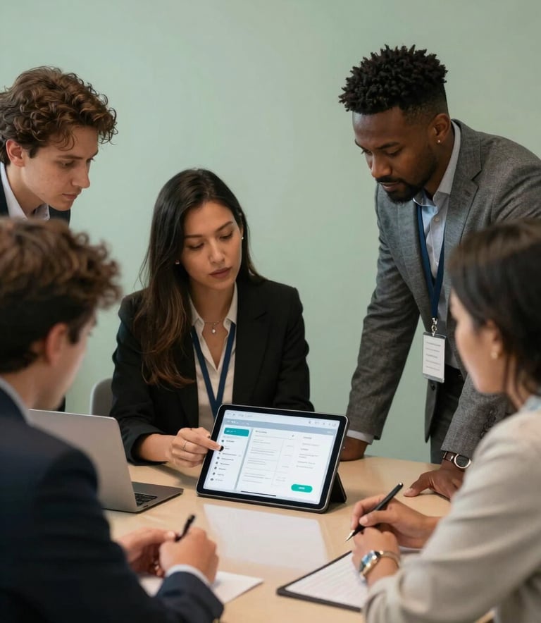 A diverse team of professionals in a North American / US meeting room collaborating on a mobile application design shown on a glass tablet, soft sage green lighting, professional attire.