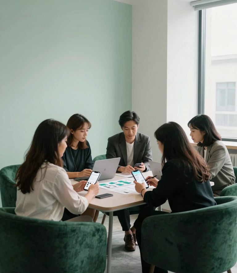 A group of professionals in a modern North American / US co-working space collaborating over a mobile app prototype. The office features deep forest green furniture and soft mint white walls with large windows providing natural light. Minimalist and innovative atmosphere.