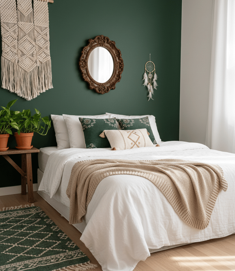Espejo de madera en un dormitorio bohemio con paredes verde oscuro, un tapiz de macramé