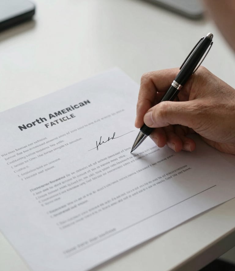 A close-up photograph of a North American vehicle title document on a clean, modern desk being signed with a professional pen, soft natural lighting.