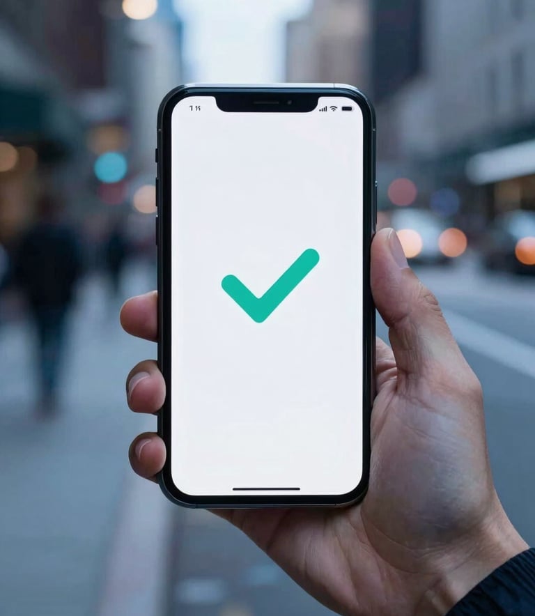 A close-up of a smartphone held by a professional in a North American urban environment. The screen displays a secure payment confirmation with a simple teal checkmark. The background is a softly blurred city street with cool blue light. The style is modern and high-tech.