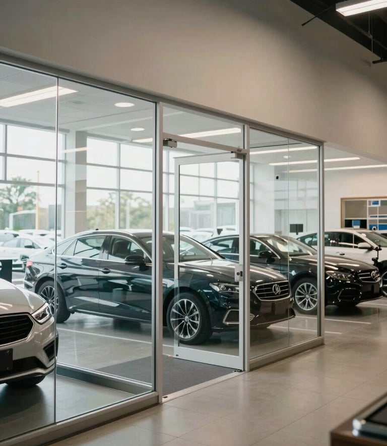 A wide-angle, bright shot of a professional North American motor vehicle agency interior with glass partitions and clean architectural lines, exuding a sense of organized efficiency.