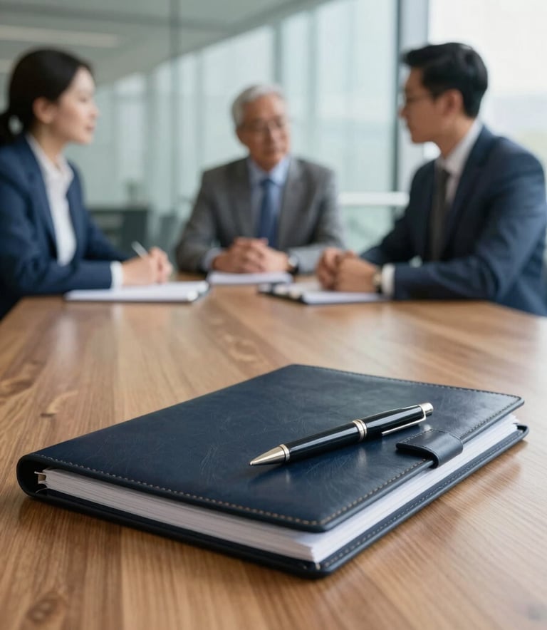 A close-up photograph of a professional meeting in a modern glass-walled office. A dark navy leather folder and a high-end pen sit on a polished wood table. In the background, two consultants in slate blue suits are blurred, conveying a sense of focused expertise and confidentiality. The lighting is bright and natural.