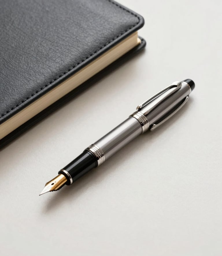A high-end fountain pen on a crisp off-white desk next to a dark slate grey leather notebook with professional corporate lighting.