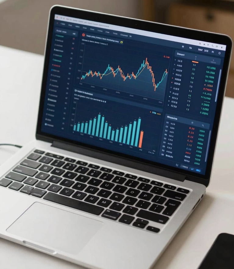 A modern laptop on a desk showing a financial dashboard with clear graphs and a steel blue and off-white color palette.