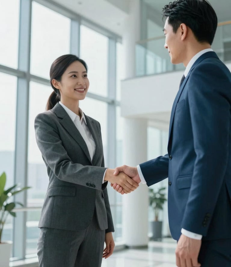 Two professionals in business attire shaking hands in a bright, modern office foyer with large windows and clean lines in shades of pale azure and steel blue.