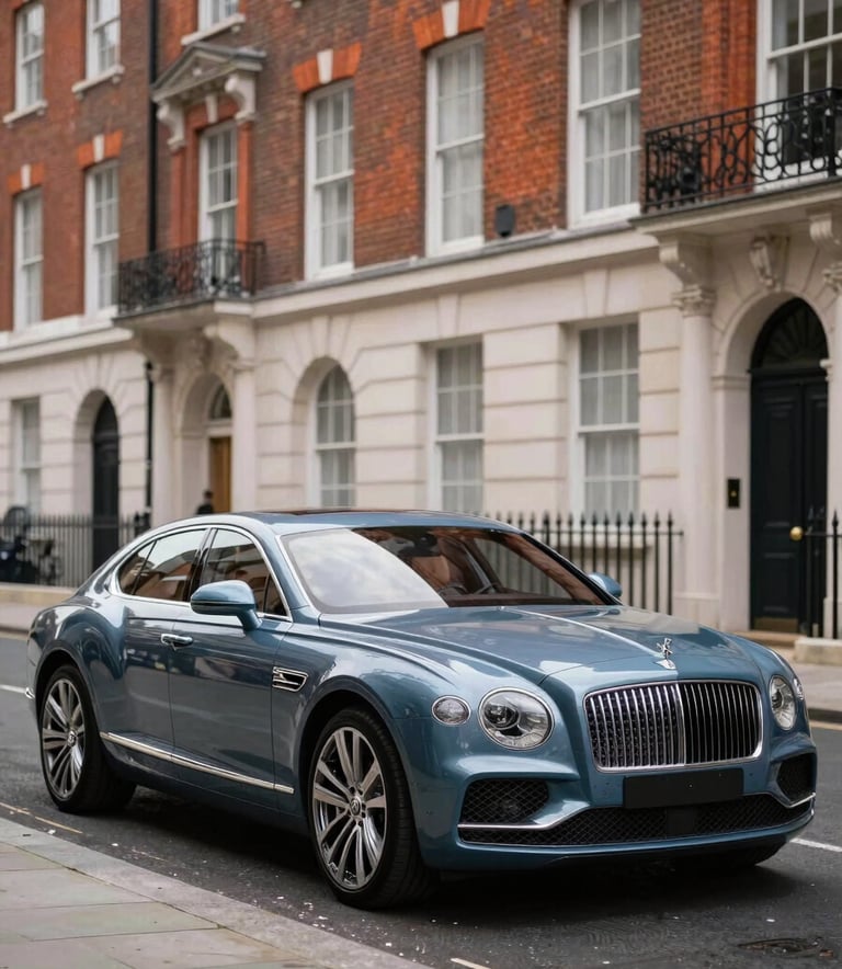 A polished slate blue luxury car parked on a prestigious London street with classic brick architecture in the background, sharp professional automotive photography, Northern European / British setting.
