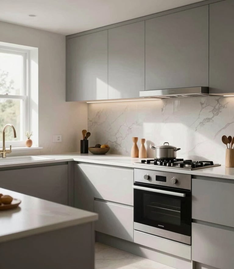A modern British home interior, bright and airy, showing a recently renovated kitchen with high-end finishes, soft natural lighting, professional photography.
