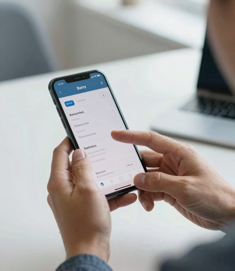 Close-up photography of a person's hands using a modern smartphone to check a banking app, sitting in a bright, clean Northern European office. Natural light, professional atmosphere, subtle shades of slate blue and off-white.