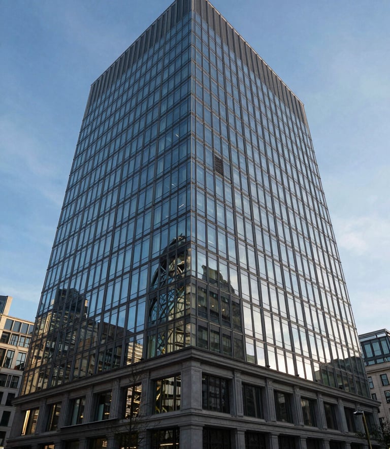 Wide-angle photography of a majestic, glass-fronted financial headquarters in London. The building reflects the clear blue sky, emphasizing trust, transparency, and the firm's long-standing presence in the city.
