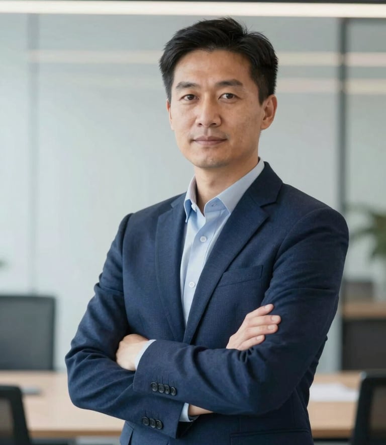 A professional portrait of a financial consultant in a modern, minimalist office environment. The person is dressed in professional attire, looking confident and helpful. The color palette emphasizes #0E2C4A and #F5F8FA for a sophisticated look.