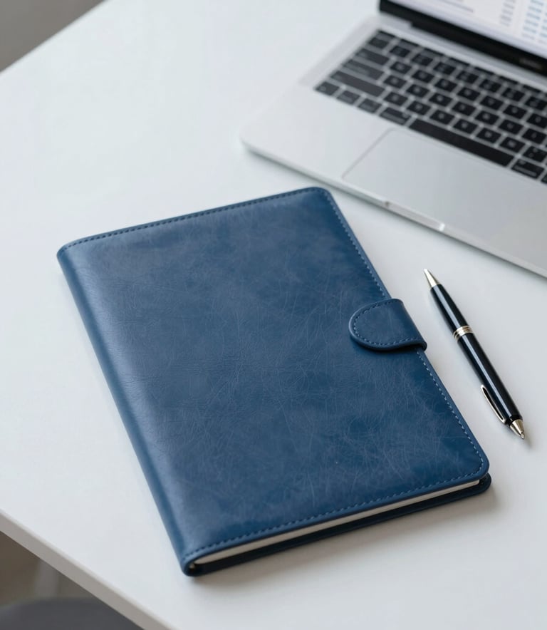 A top-down view of a tidy professional workspace featuring a high-quality leather folder, a classic pen, and a laptop showing financial reports. The aesthetic is sophisticated and minimalist, using #F5F8FA and #0E2C4A highlights.