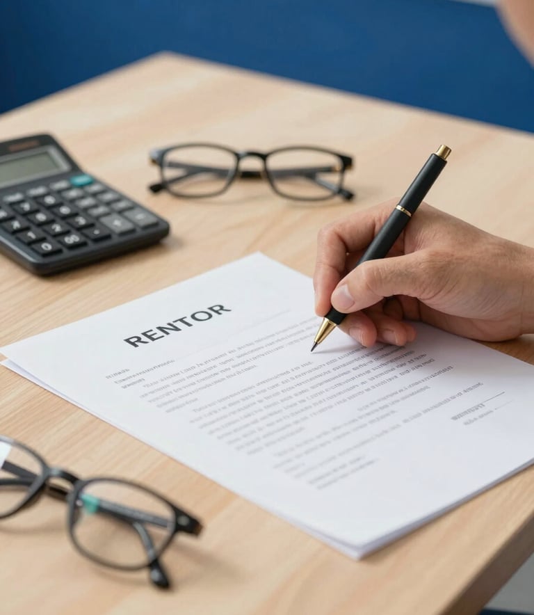 A high-quality, professional photograph of a financial contract being signed on a clean wooden desk, with a calculator and a pair of glasses nearby. The lighting is bright and airy, incorporating the brand colors #2A6F8B in the background details to project trust and reliability.