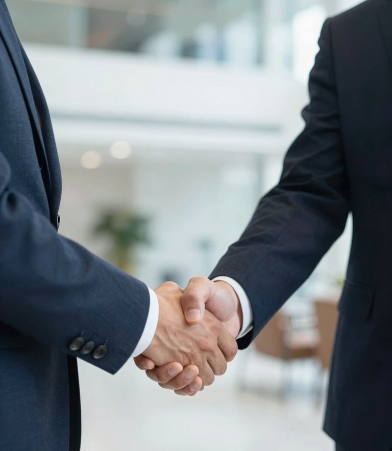 Close-up of two business professionals in tailored suits shaking hands in a bright, modern corporate lobby. The lighting is professional and airy, incorporating brand colors through subtle background elements, symbolizing a successful financial partnership.