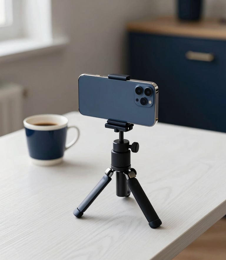 A high-end, minimalist mobile content creation setup on a white oak desk. A premium smartphone sits on a sleek tripod next to a designer coffee cup. Soft morning light in a Northern European apartment, sophisticated and clean aesthetic with deep navy and gold accents.