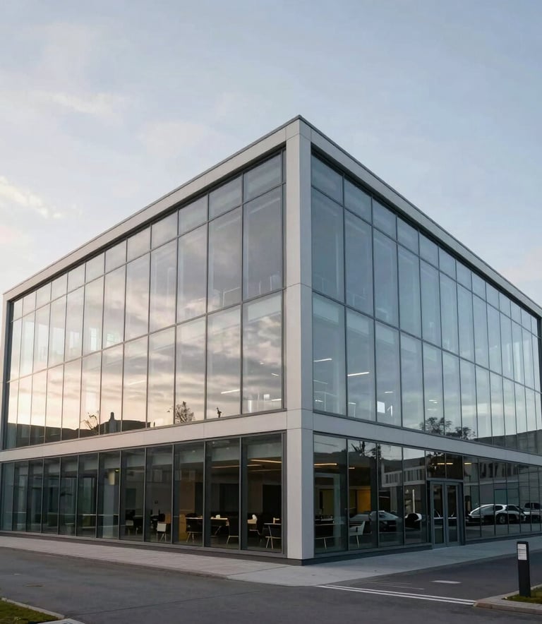 A wide-angle photography shot of a minimalist, modern office exterior in Albertslund, Denmark, featuring glass and clean lines under a soft, overcast Northern European sky, reflecting a professional and elite atmosphere.
