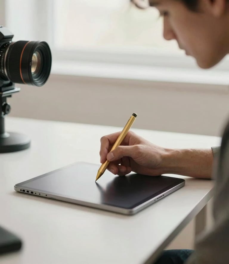 A professional creator in a modern, light-filled studio environment, working on a tablet with a gold stylus. The setting is international and premium, avoiding banking cliches, focusing on the modern creator economy.