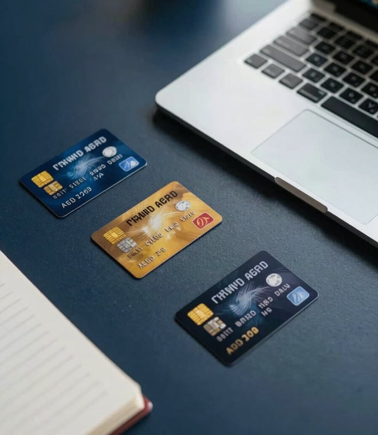 A top-down view of a modern desk in a South Asian / Indian corporate office. On the desk are various premium Indian credit cards, a sleek silver laptop, and a notepad, all bathed in soft, natural morning light with dark navy blue accents.