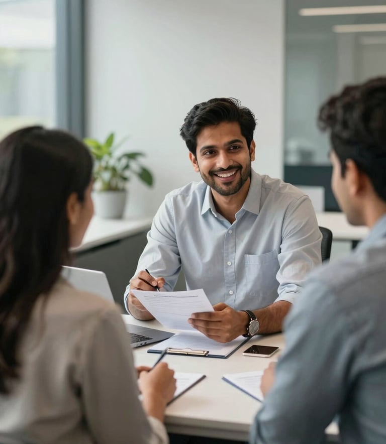 A professional South Asian / Indian financial advisor smiling while discussing a home loan plan with a young couple in a modern, sunlit office in Mumbai. The setting is clean and professional with silver grey and muted slate blue accents in the decor.