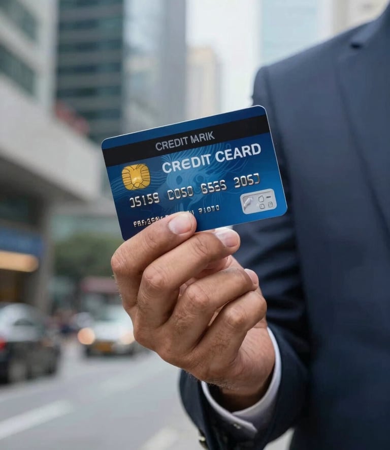 A crisp, professional shot of premium credit cards from major Indian banks held by a person in business attire within a modern South Asian / Indian city environment, featuring deep navy blue and steel blue accents.
