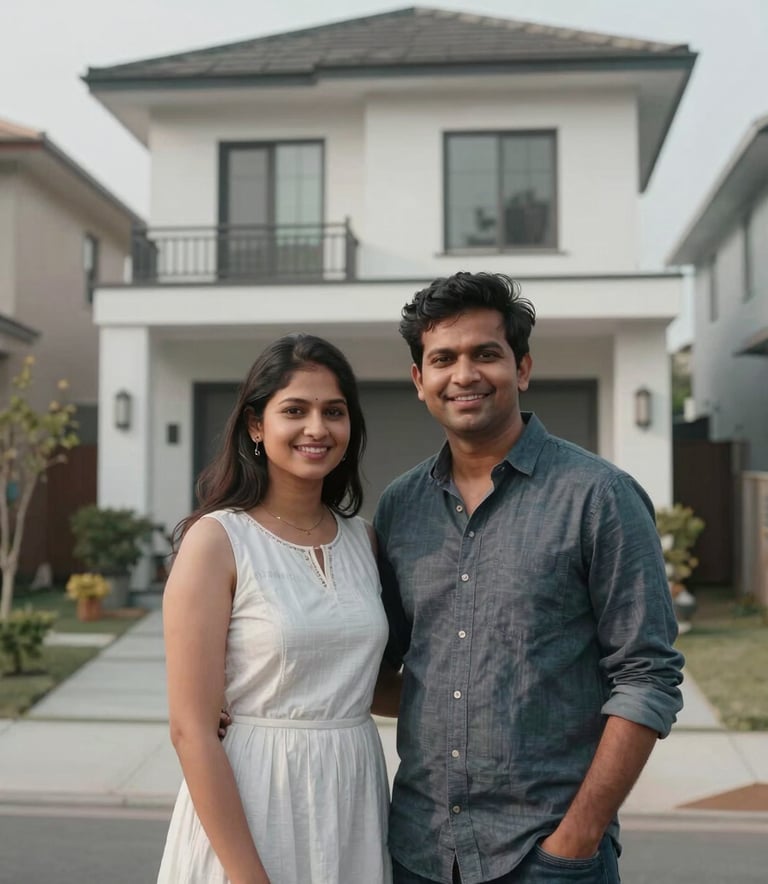 A happy young South Asian / Indian couple standing in front of a contemporary suburban house in an Indian city, symbolizing successful home loan approval, with soft natural lighting and silver mist tones.