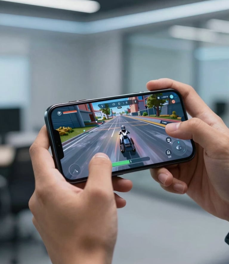 A close-up of hands holding a modern mobile device playing a high-end mobile game with fluid motion, set in a professional Global / Tech Industry office environment, with Steel Blue and Sky Blue highlights in the background lighting.