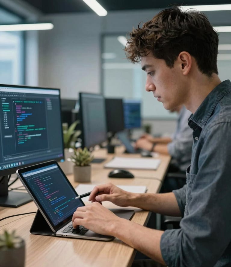 A professional software engineer in a modern Global / Tech Industry co-working space, working on a tablet device with a focus on code and design, surrounded by Steel Blue decor.