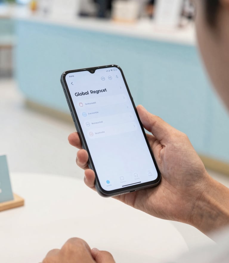 An over-the-shoulder shot of a person using a sleek Android device in a bright, modern Global / Tech Industry cafe. The interface on the screen is clean and minimalist, surrounded by Ice White and Light Blue interior accents.