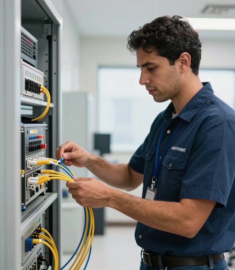 A professional telecom technician in a corporate uniform working with fiber optic equipment in a modern facility, Latin American office setting, bright natural light, with navy blue and grey tones.