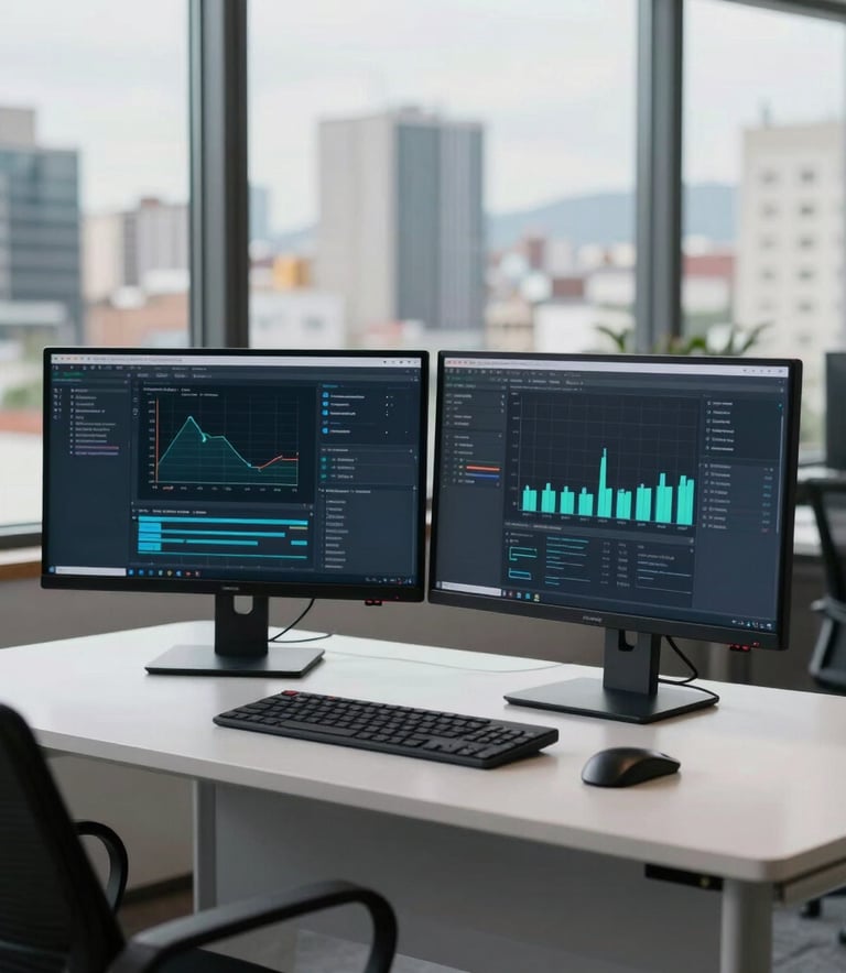 A software developer working at a minimalist desk with two monitors in a modern corporate building, view of a Latin American city through the window, professional and clean style.