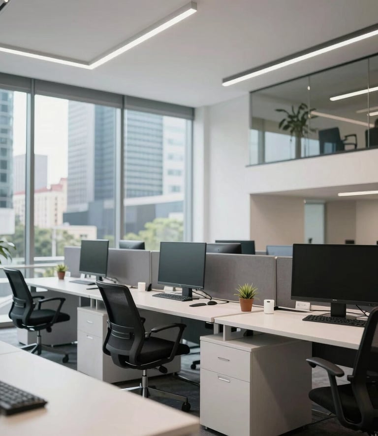 Professional photography of a modern technology office in a Latin American / Spanish business district. Bright, airy, and professional setting with clean lines and a focused, corporate atmosphere.