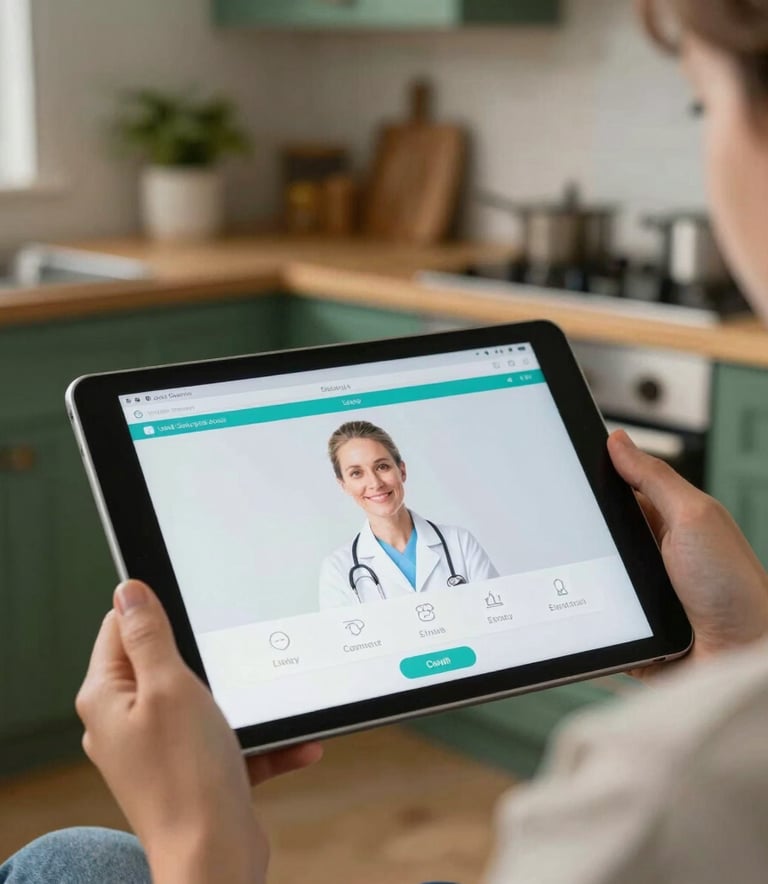 A detailed close-up of a digital caregiver profile on a tablet being held by a family member in a cozy US home setting. The background shows a warm kitchen with deep forest green accents.