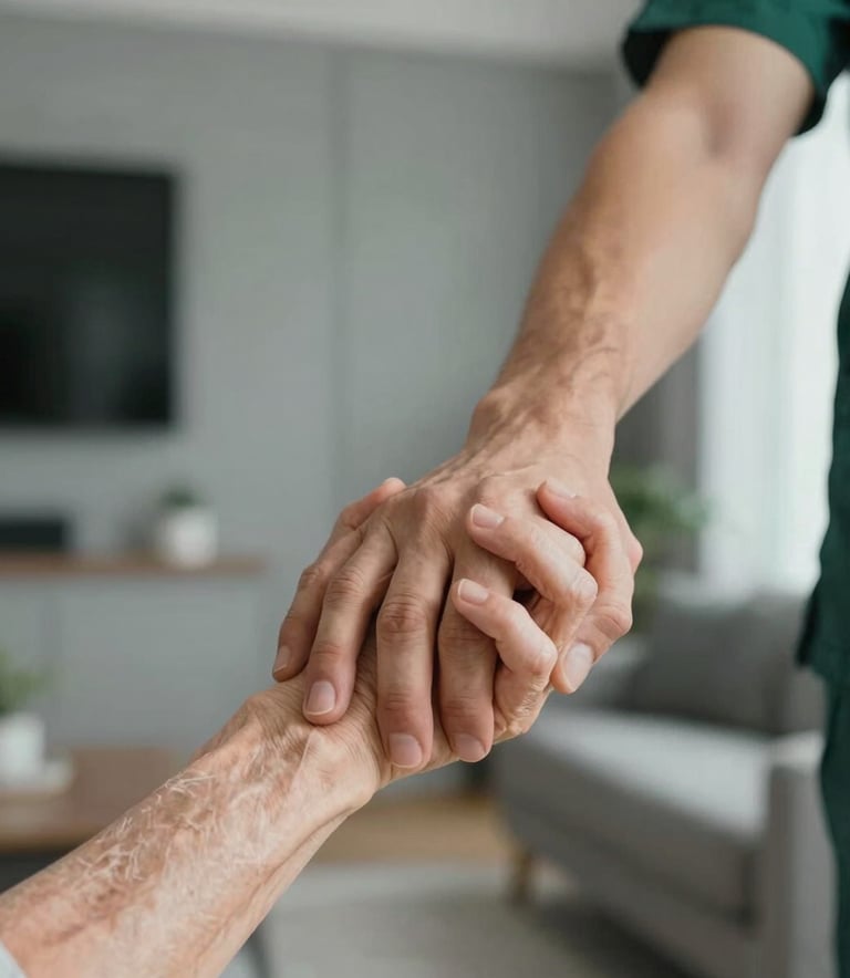 A close-up of two people holding hands in a modern North American home—one youthful hand and one aged hand. The focus is on the supportive, compassionate gesture. Soft focus background with neutral grey and dark green accents, highlighting trust and professional care.