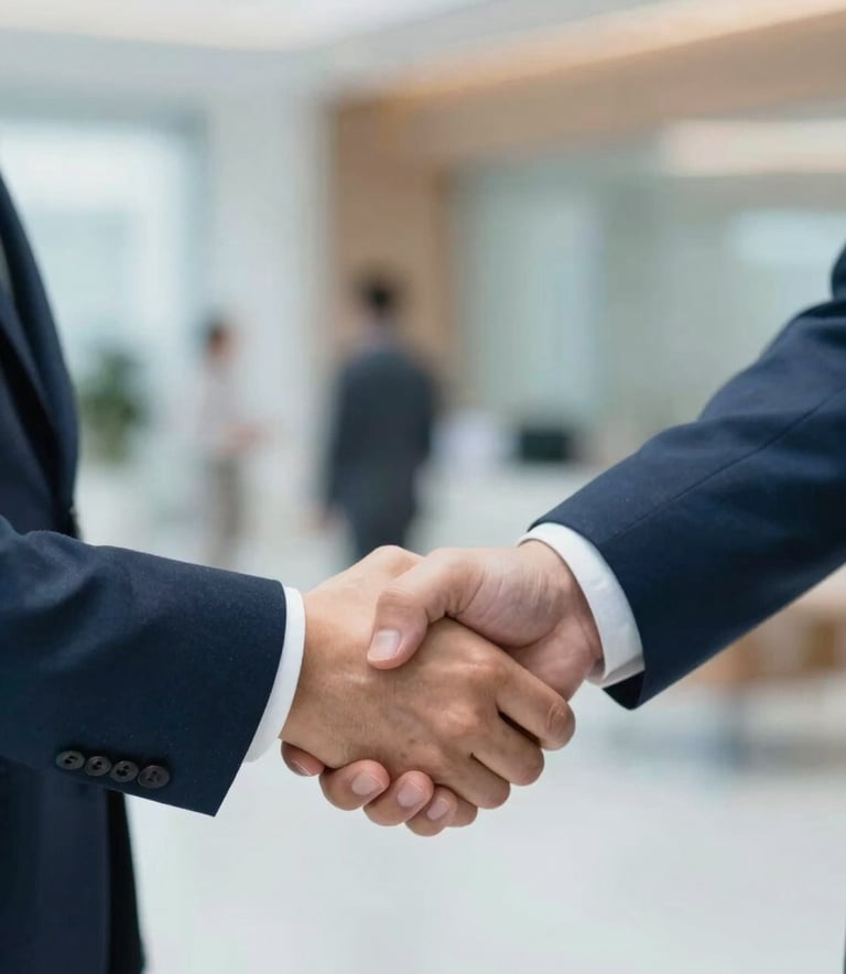 A close-up shot of two business professionals shaking hands in a bright, modern office lobby. The lighting is soft and natural. The color palette includes #3D6C7E and #F3F6F8. The atmosphere is professional and suggests a successful partnership in the hearing healthcare industry.