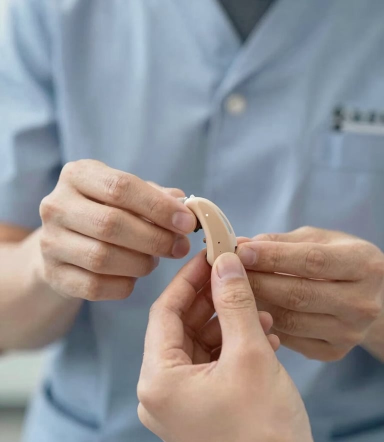 A close-up shot of a professional audiologist's hands showing a tiny, discreet hearing aid to a patient. The focus is on the device's design and accessibility. Lighting is bright and trustworthy, using the #1A2C38 brand color in the uniform and #A7C9D6 in the background accents.