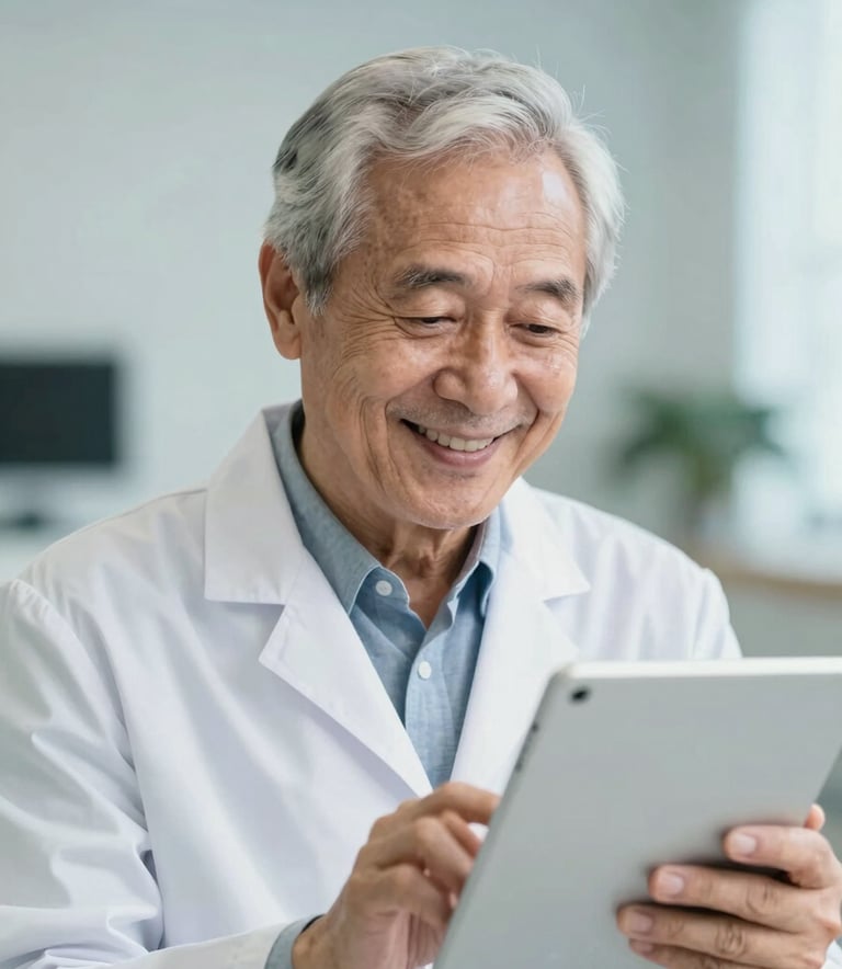 An elderly man smiling warmly while looking at a tablet, showcasing a clear, confident expression of hearing health success. The background is a blurred clinic with soft #F3F6F8 tones and #A7C9D6 highlights. Professional medical style.