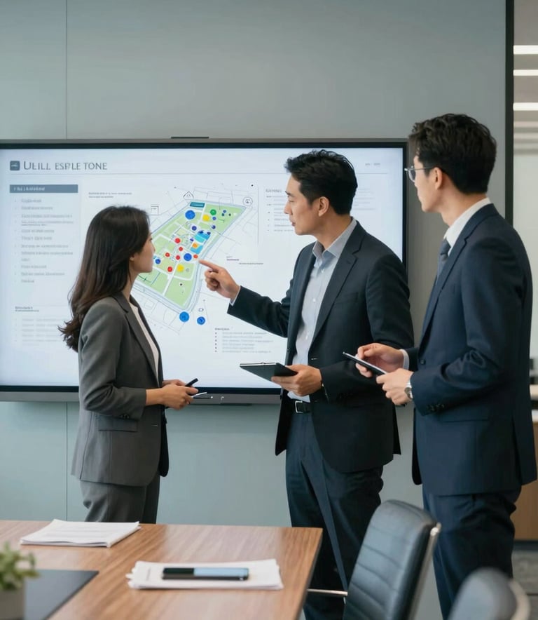 Two professionals in business attire in a modern North American / US office boardroom. They are reviewing real estate development plans on a screen, demonstrating strategic collaboration. The room is filled with natural light, featuring furniture in slate blue and walls in soft mist. The mood is authoritative and professional.