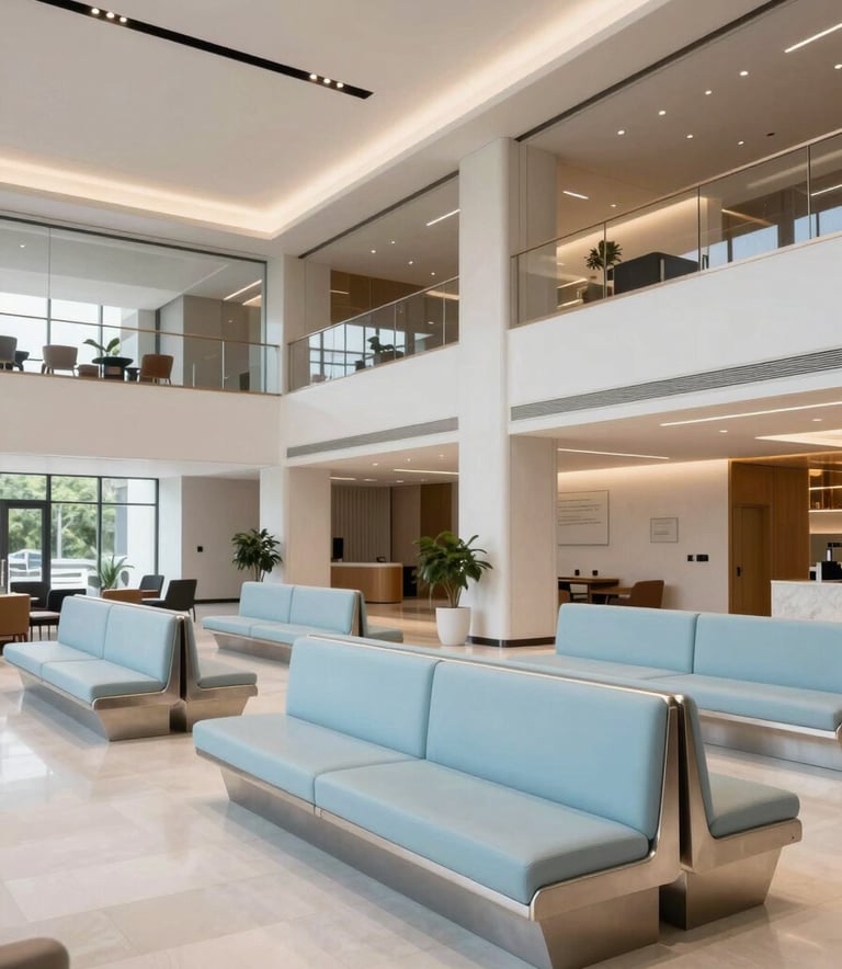 A wide shot of a contemporary multifamily building lobby in a North American / US metropolitan area, featuring high-end finishes, pale steel blue seating, and professional, bright lighting.