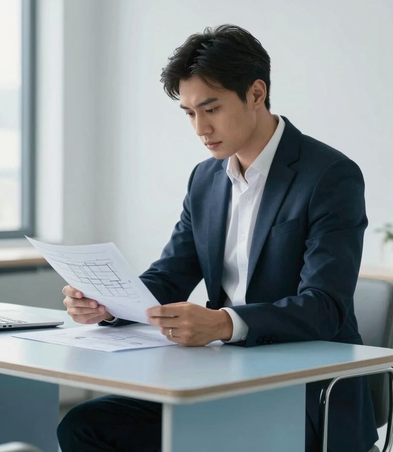 A focused professional in business attire reviewing architectural plans in a bright, modern North American / US corporate office. The setting features pale steel blue furniture and soft mist white walls.