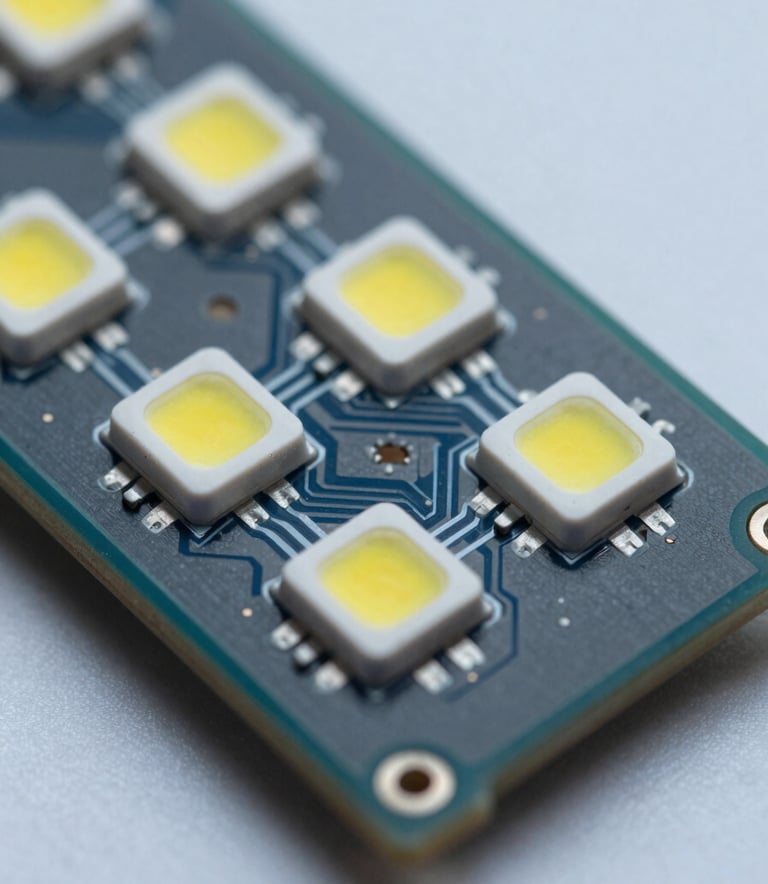 Macro photography of an LED module showing individual pixels and internal circuitry, technical lighting highlighting electronic components, clean and modern aesthetic, medium blue and dark grey tones.
