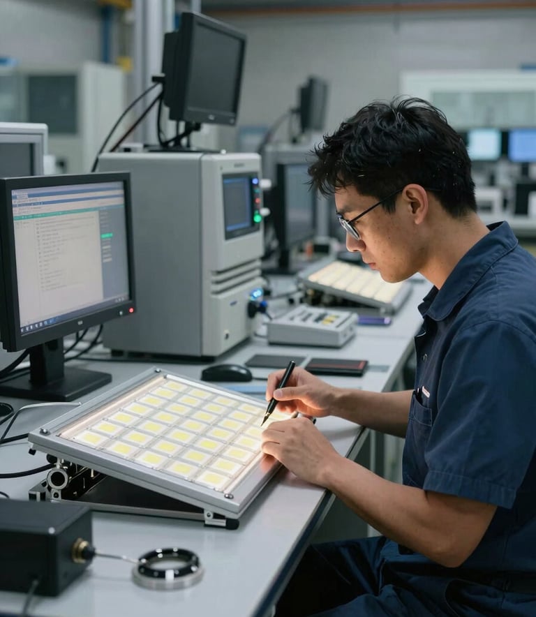 Photography of a modern industrial facility in Brazil, focusing on a clean and organized workstation dedicated to LED panel maintenance, high-tech diagnostic equipment visible, professional atmosphere with dark grey and medium blue tones.