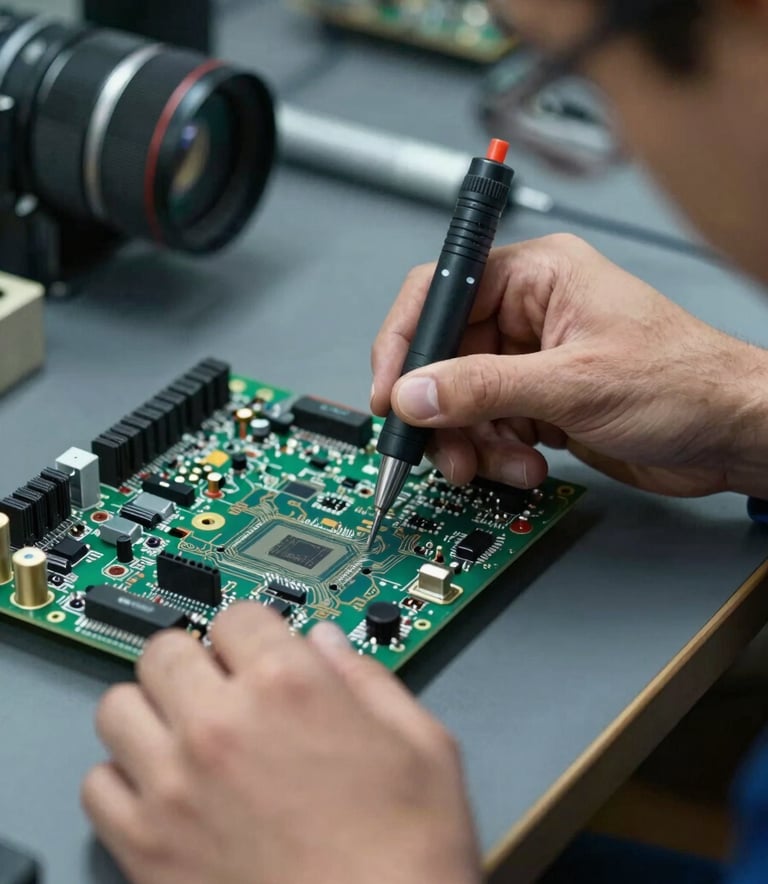 A close-up photograph of a professional technician's hands using precision diagnostic tools on an electronic circuit board, soft industrial lighting, professional setting in a South American workshop, palette of dark grey and medium blue.