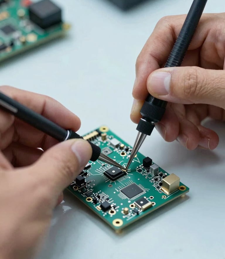 Close-up of a professional technician's hands using precision tools to repair an electronic circuit board of a LED module, bright and clean South American workshop setting, soft lighting highlighting the intricate components, navy and light blue color palette.