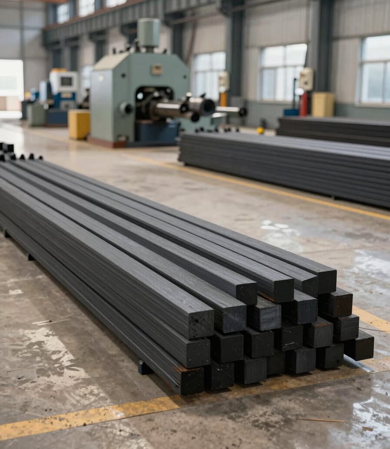 A wide-angle industrial photograph of a clean, modern iron factory floor. Stacks of high-quality raw iron bars in Charcoal Black sit beside heavy precision machinery. The lighting is bright and natural, reflecting off the polished concrete floor in Soft Cream and Muted Taupe shades.