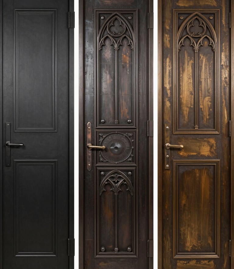 A clean, studio-style shot of three different iron door panels showcasing modern, traditional, and gothic styles. The finishes range from deep charcoal black to a rich bronzed earth patina.